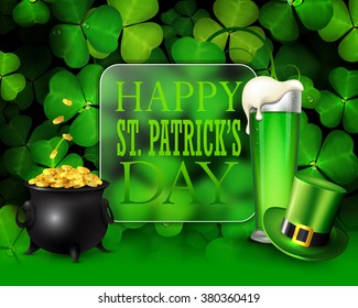 St. Patrick's day greeting card with clover, green hat, pot of gold and glass of beer.