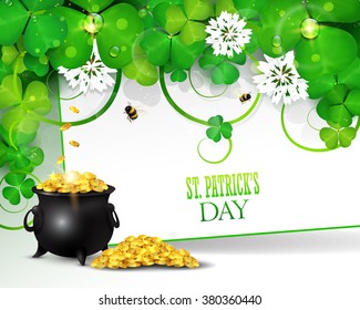 St. Patrick's day greeting card with clover and pot of gold. 