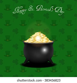 St. Patrick's day greeting card with pot of gold. Vector illustration.