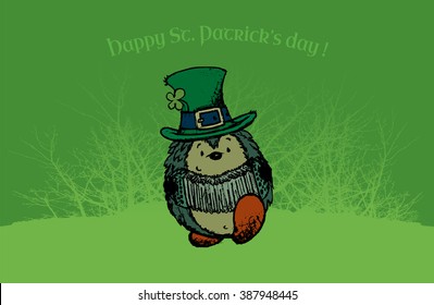 St. Patrick's day greeting card design with cute accordionist hedgehog.