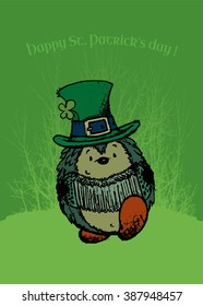 St. Patrick's day greeting card design with cute accordionist hedgehog.