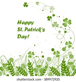 St Patrick,s Day greeting card. Beautiful green grass, circles and flying ribbons with clover isolated on white background. 