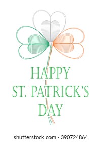 St. Patrick's Day greeting card. Happy St. Patrick's Day on white background. Petals clover painted in the colors of the Irish flag. St. Patrick's Day greeting illustration. Vector illustration. 