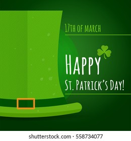 St. Patrick's Day greeting card with green hat and shamrock leaf on dark green background with lights. For poster, web banners ad, party invitation.