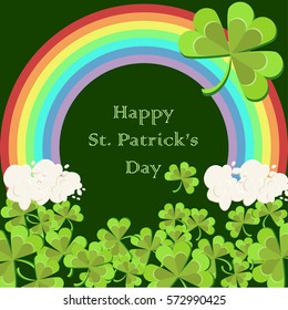 St. Patrick's Day greeting card with clover leaves, rainbow and text on dark green background. Cartoon vector illustration in flat style. 