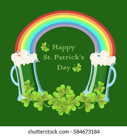 St. Patrick's Day greeting card with clover leaves, green beer glasses, rainbow and text "Lucky Day" on dark green background. Cartoon vector illustration in flat style. 