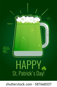 St. Patrick's Day greeting card with green beer on dark background with shamrock. For poster, web banners ad, party invitation, article.