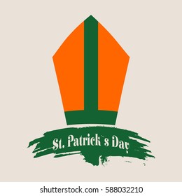 St. Patricks Day greeting card template. Bishop hat with shamrock. Vector illustration. Grunge brush stroke