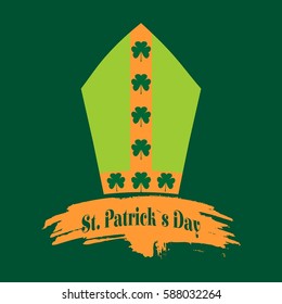 St. Patricks Day greeting card template. Bishop hat with shamrock. Vector illustration. Grunge brush stroke