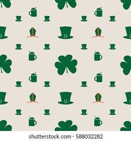 St. Patrick's Day greeting card template. Bishop mitre with shamrock. Beer mug and green hat. Vector illustration. Seamless backdrop