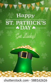 St. Patrick's Day greeting card design. Green hat full of golden coins and Happy St. Patrick's Day text on green background with shamrock. Vector illustration.