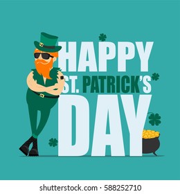 Tarjeta de felicitación, pancarta, afiche, impresa en una camiseta. Leprechaun hipster y una inscripción Feliz Día de San Patricio. Ilustración del vector