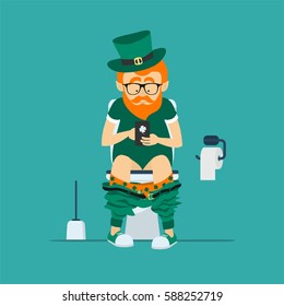 St. Patrick's Day greeting card, banner, poster, print on a t-shirt. Leprechaun hipster sits on  toilet bowl with phone in hands.Vector illustration