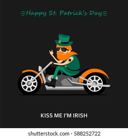 St. Patrick's Day greeting card, banner, poster, print on a t-shirt. Leprechaun ride the motorcycle. Inscription kiss me I am Irish, inscription Happy St. Patrick's Day. Vector illustration