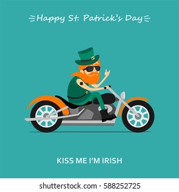 St. Patrick's Day greeting card, banner, poster, print on a t-shirt. Leprechaun ride the motorcycle. Inscription kiss me  I am Irish, inscription Happy St. Patrick's Day. Vector illustration