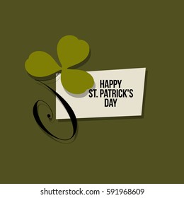 St. Patrick's Day greeting card. Vector illustration with leaf of green clover and Happy Saint Patrick's Day text