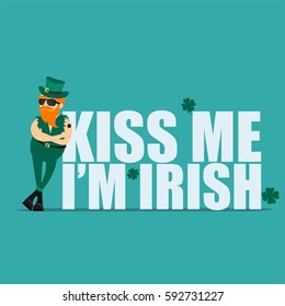 St. Patrick's Day greeting card, banner, poster, print on a t-shirt. Leprechaun hipster and an inscription kiss me I am Irish. Vector illustration