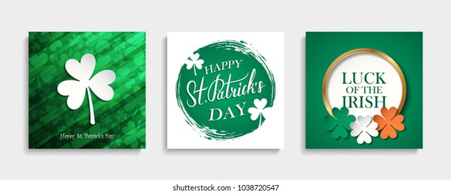 St. Patrick's Day greeting cards set. Irish national holiday templates collection with hand drawn lettering, golden elements and clovers. Vector illustration.