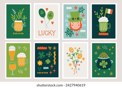 St. Patrick's Day greeting cards with beer, balloon, flag, coin, shamrock, leprechaun in Green, Orange, Yellow, Blue and White. Perfect for holiday decoration. Vector illustration