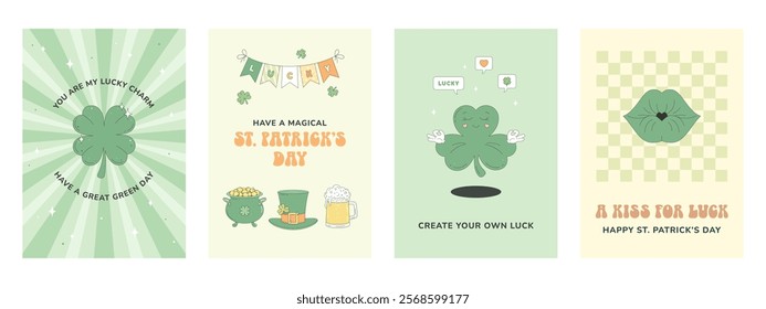 St Patrick's Day greeting cards, posters with funny inscriptions. Retro 60s 70s groovy Patrick design