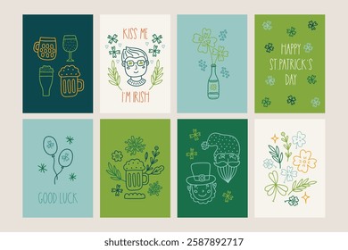 St. Patrick's Day greeting cards with man, leprechaun, clover, quatrefoil, leaves, balloon, beer glasses in Orange, Yellow, Green and White. Perfect for holiday decoration. Vector outline illustration