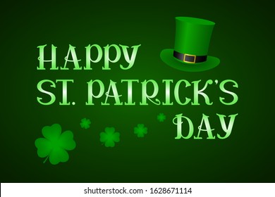ST PATRICKS DAY greeting cart with four-leaf clover and leprechaun hat. Vector illustration.