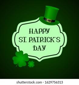 ST PATRICKS DAY greeting cart with four-leaf clover and leprechaun hat. Vector illustration.