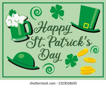 St patricks day greeting celebration with  happy St. Patrick’s day text and green glass of beer, hats and shamrock flowers - vector illustration