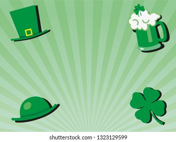 St patricks day greeting celebration background with green glass of beer, hats and shamrock flowers - vector illustration with copy space for writing text