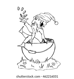 St. Patrick's Day greeting. Dwarf in a cauldron with money. Hand drawn vector stock illustration. Black and white whiteboard drawing.