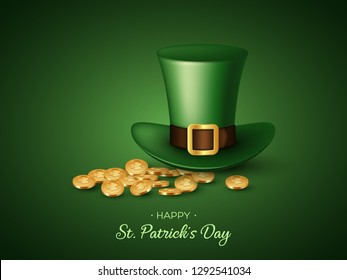 St. Patricks Day greeting holiday design. 3d green leprechaun hat with coins. Realistic vector illustration.