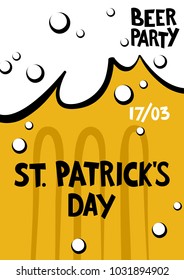 St. Patrick's Day greeting. Lettering St. Poster in the form of a beer mug. Handwritten Patrick's Day on a beer mug background. Vector illustration. Beer party. Illustration of a beer mug. 