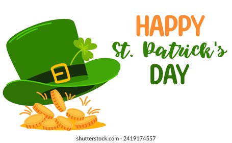 St. Patrick's Day greeting poster. Leprechaun hat with mountain of coins. Vector hand draw illustration.