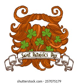 St. Patrick's day greeting, red beard with clover and vintage ribbon banner with congratulation
