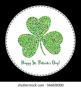 St. Patrick's Day greeting sticker with clover on white background. Clover mosaic icon. 