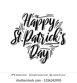 St. Patrick's Day greeting text composition. Black on white lettering easy to edit vector design element.