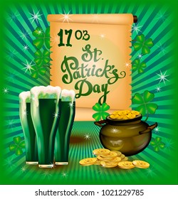 St. Patrick`s Day greeting. Vector illustration. Happy St Patricks Day.Blurred Green Background