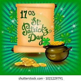 St. Patrick`s Day greeting. Vector illustration. Happy St Patricks Day.Blurred Green Background