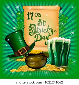 St. Patrick`s Day greeting. Vector illustration. Happy St Patricks Day.Blurred Green Background