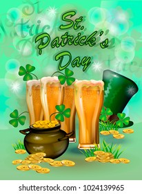 St. Patrick`s Day greeting. Vector illustration. Happy St Patricks Day.Blurred Green Background.