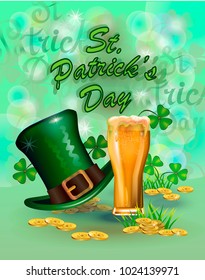 St. Patrick's Day greeting. Vector illustration. Happy St Patricks Day.Blurred Green Background.