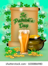 St. Patrick`s Day greeting. Vector illustration. Happy St Patricks Day.Blurred Green Background