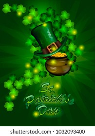 St. Patrick`s Day greeting. Vector illustration. Happy St Patricks Day.Blurred Green Background