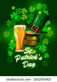 St. Patrick`s Day greeting. Vector illustration. Happy St Patricks Day.Blurred Green Background