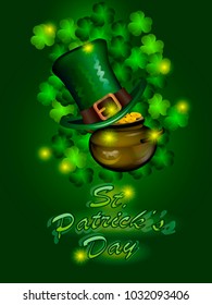 St. Patrick`s Day greeting. Vector illustration. Happy St Patricks Day.Blurred Green Background