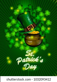 St. Patrick`s Day greeting. Vector illustration. Happy St Patricks Day.Blurred Green Background
