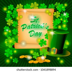 St. Patrick`s Day greeting. Vector illustration. Happy St Patricks Day.Blurred Green Background
