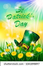 St. Patrick`s Day greeting. Vector illustration. Happy St Patricks Day.Blurred Green Background