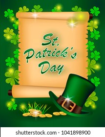 St. Patrick`s Day greeting. Vector illustration. Happy St Patricks Day.Blurred Green Background