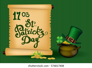 St. Patrick`s Day greeting. Vector illustration. Happy St Patricks Day.Blurred Green Background